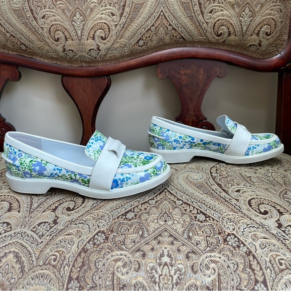 Tory Burch Sport Pocket Tee Golf Loafers Ace Blue Garden Floral Leather Size 7 - Picture 5 of 12